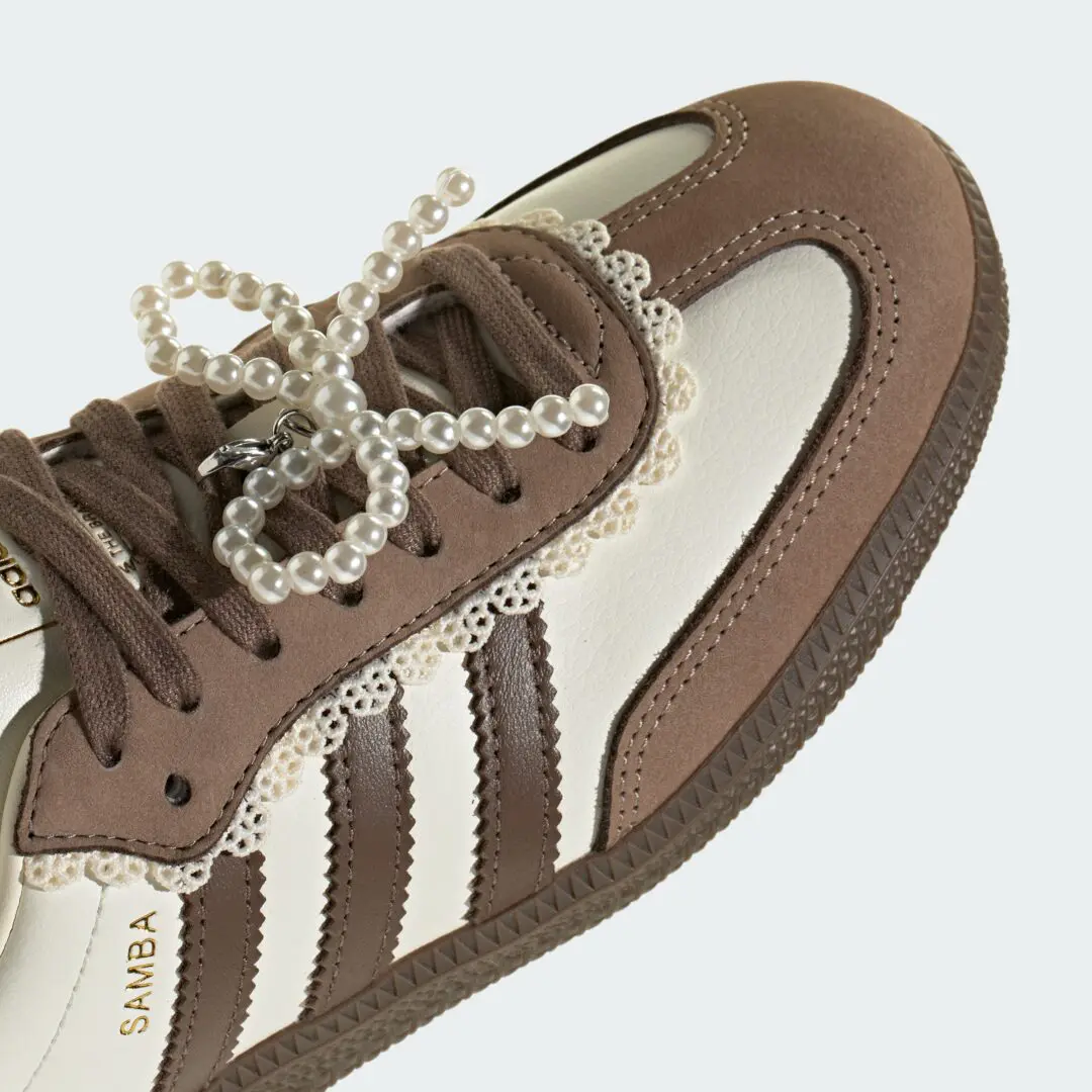 Close-Up Of Adidas Samba Toe Box With Lace Trim, Brown Suede And Pearl Bow