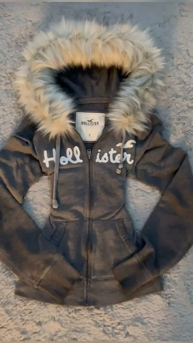 Vintage Hollister Brown Plaid Zip-Up Hoodie With Faux Fur-Lined Hood And Logo Script