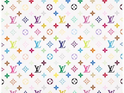 White Louis Vuitton Monogram Multicolore pattern featuring repeating LV initials and floral motifs in pink, blue, green, yellow, purple, orange, red, black, and pastel tone