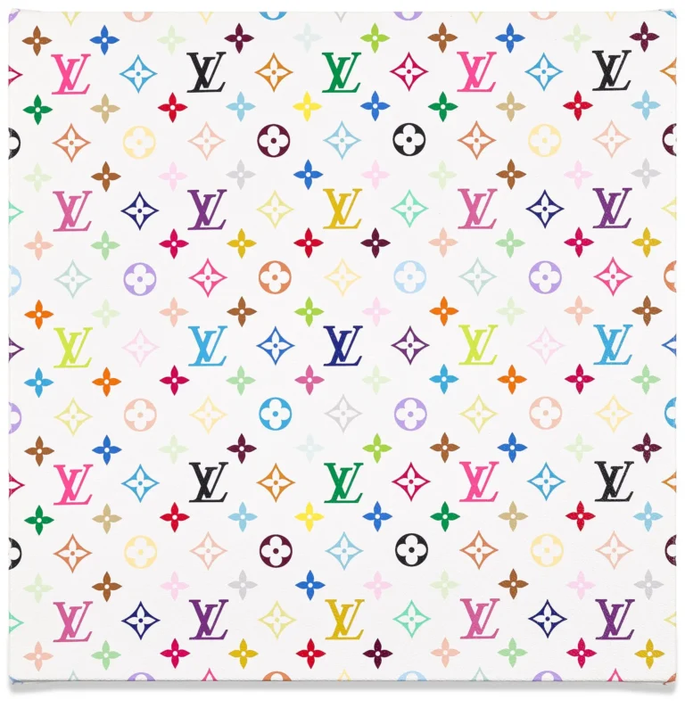 White Louis Vuitton Monogram Multicolore pattern featuring repeating LV initials and floral motifs in pink, blue, green, yellow, purple, orange, red, black, and pastel tone