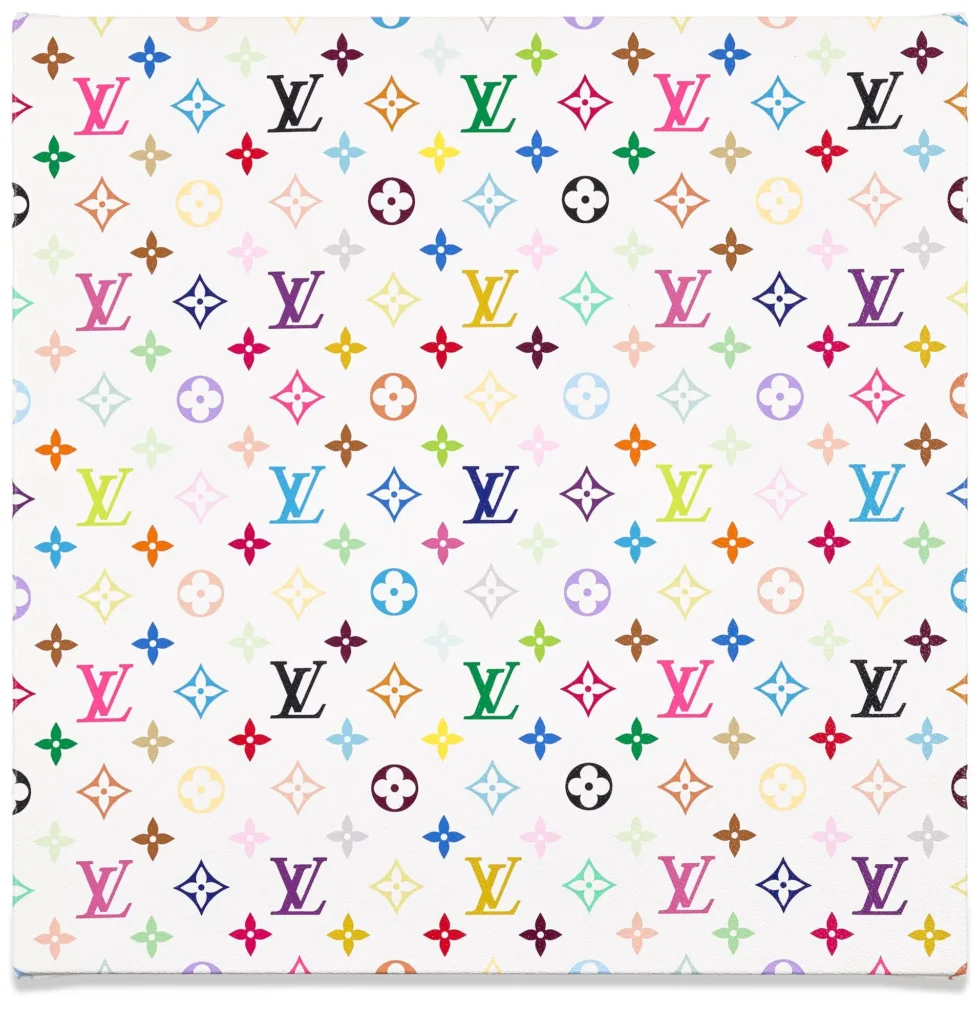 White Louis Vuitton Monogram Multicolore pattern featuring repeating LV initials and floral motifs in pink, blue, green, yellow, purple, orange, red, black, and pastel tone