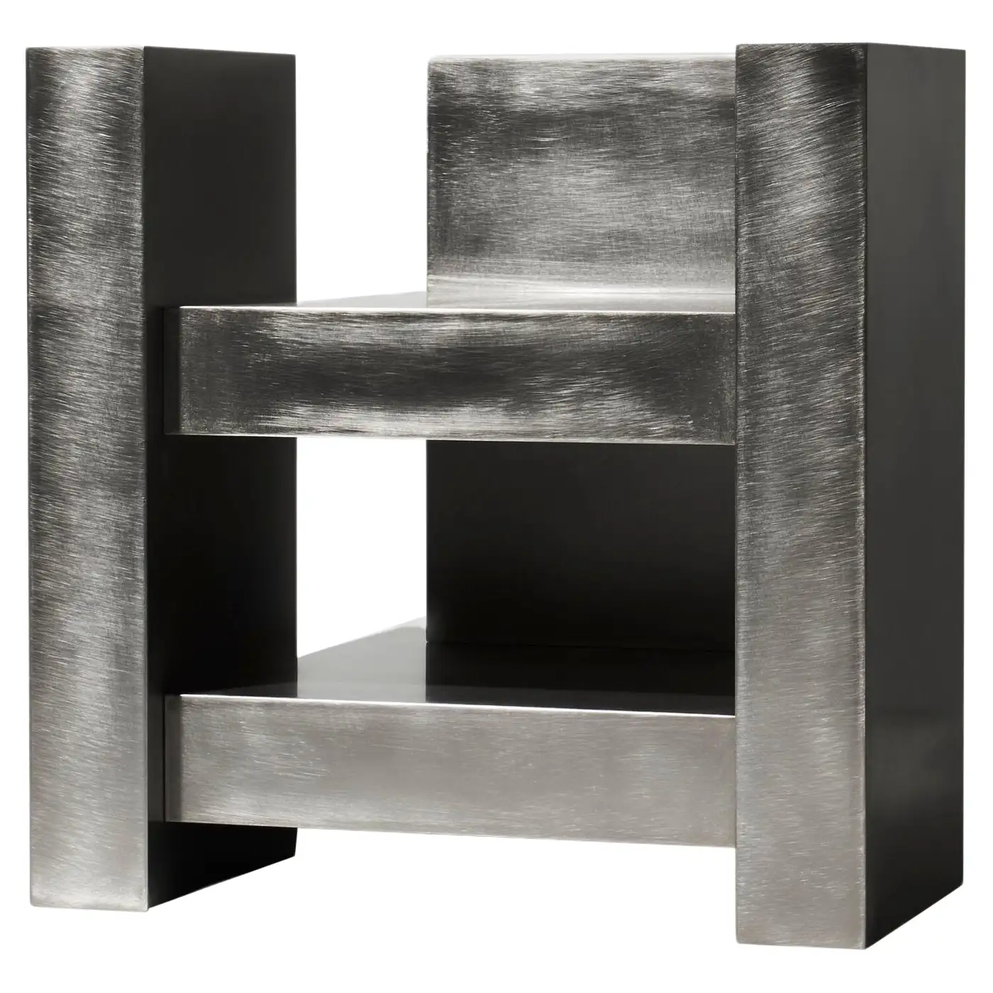 Layered Steel Seat by Hyungshin Hwang, a brushed metal chair with sculptural blackened steel side panels and horizontal steel slats forming the seat and footrest.