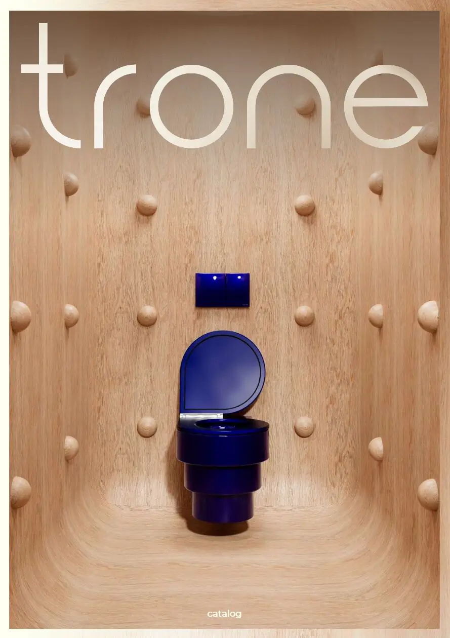 Deep blue sculptural toilet displayed against curved natural wood walls with rounded wooden accents in a minimalist showroom.