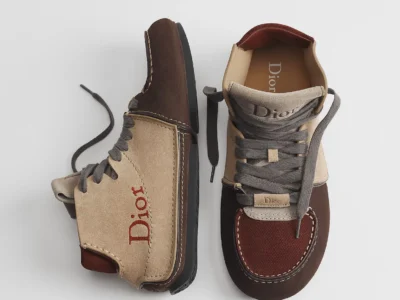 Pair of Dior high-top shoes in beige, brown, and burgundy suede with gray laces and visible logo detail
