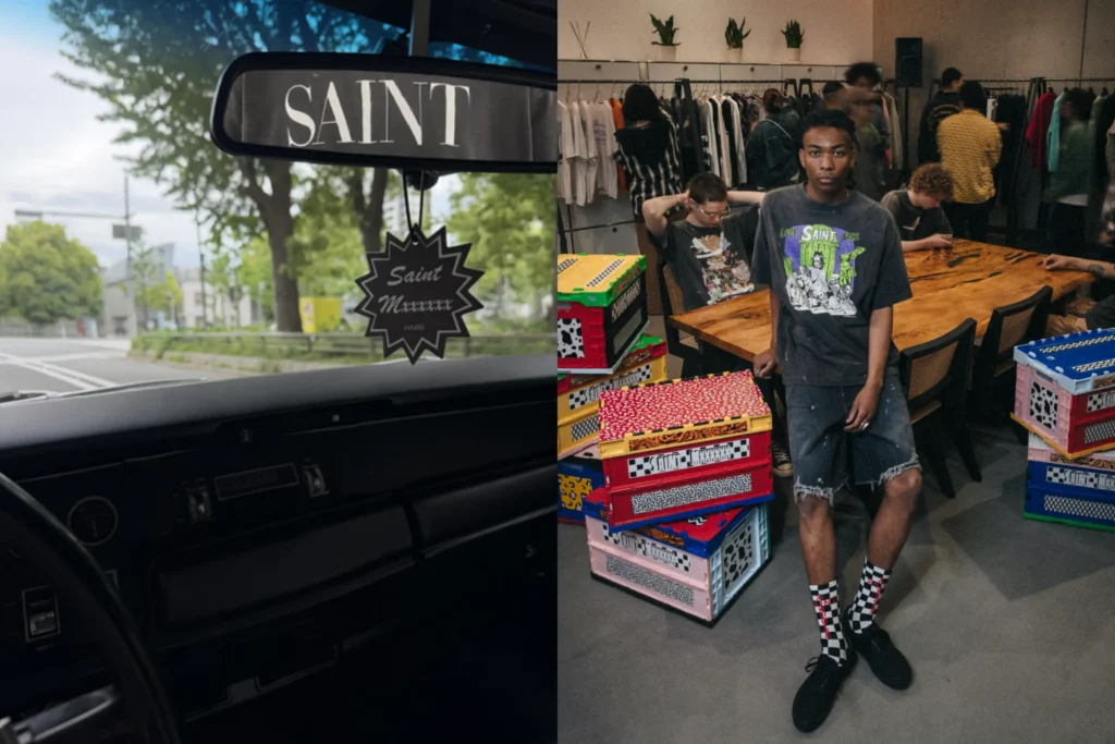 Collage featuring a retaW Saint air freshener hanging from a car mirror, a Saint retail event with clothing racks and attendees, and two Betty Boop graphic Tee displayed on a black-and-white checkered floor beneath dramatic red and teal curtain