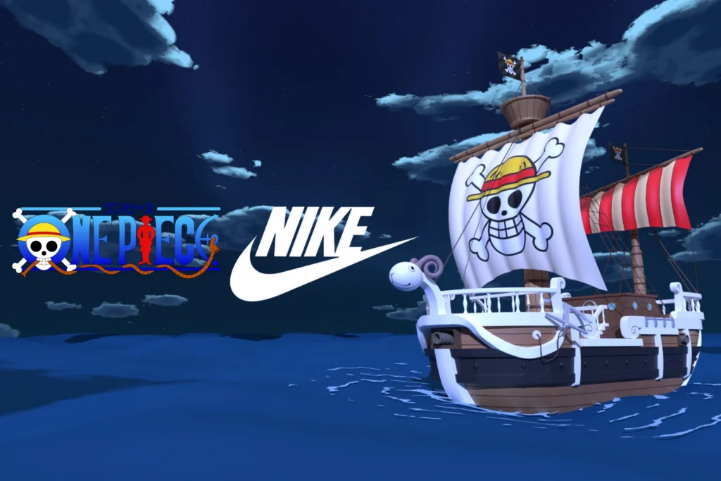 One Piece × Nike artwork show the Thousand Sunny sailing beneath a starry night sky beside the One Piece and Nike logo