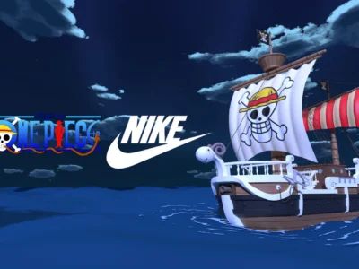 One Piece × Nike artwork show the Thousand Sunny sailing beneath a starry night sky beside the One Piece and Nike logo