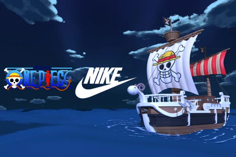 One Piece × Nike artwork show the Thousand Sunny sailing beneath a starry night sky beside the One Piece and Nike logo