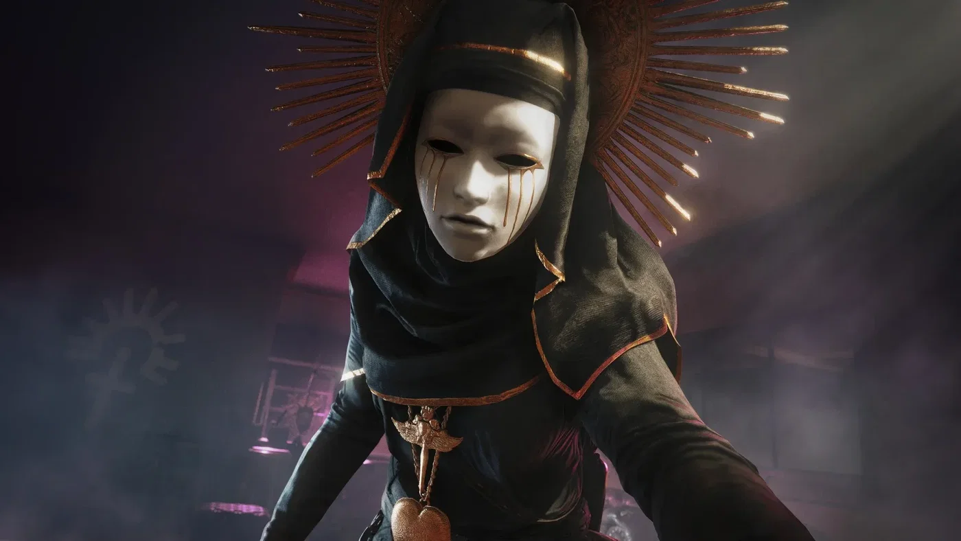 Masked hooded figure with a radiant crown-like headdress in a dark Ghost Recon scene.