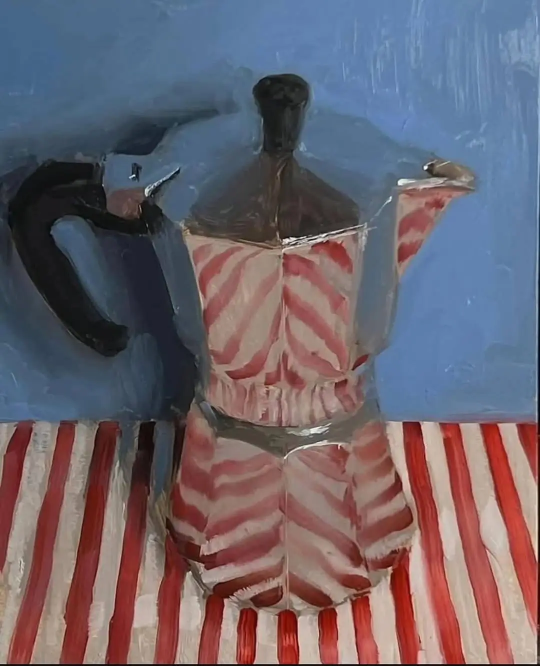 Oil painting of a moka pot decorated with red and white stripes against a textured blue background.