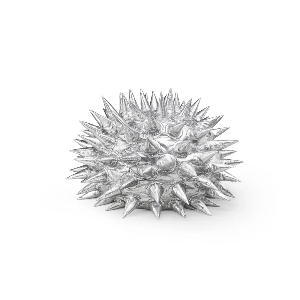 Sculpture silver object cover in exaggerate metallic spike on a white background