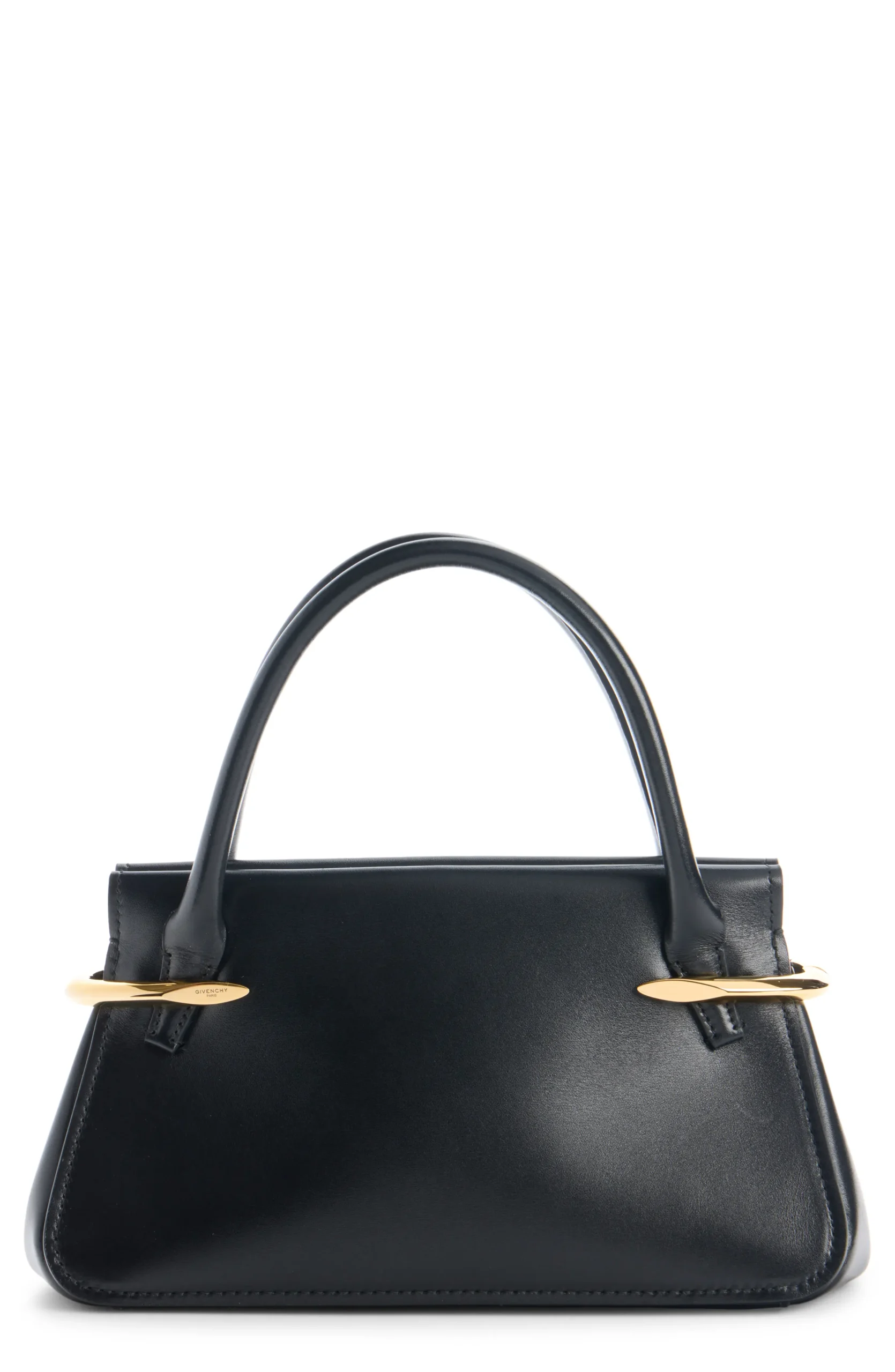 Black leather Givenchy handbag with arched handles and gold hardware against a white background