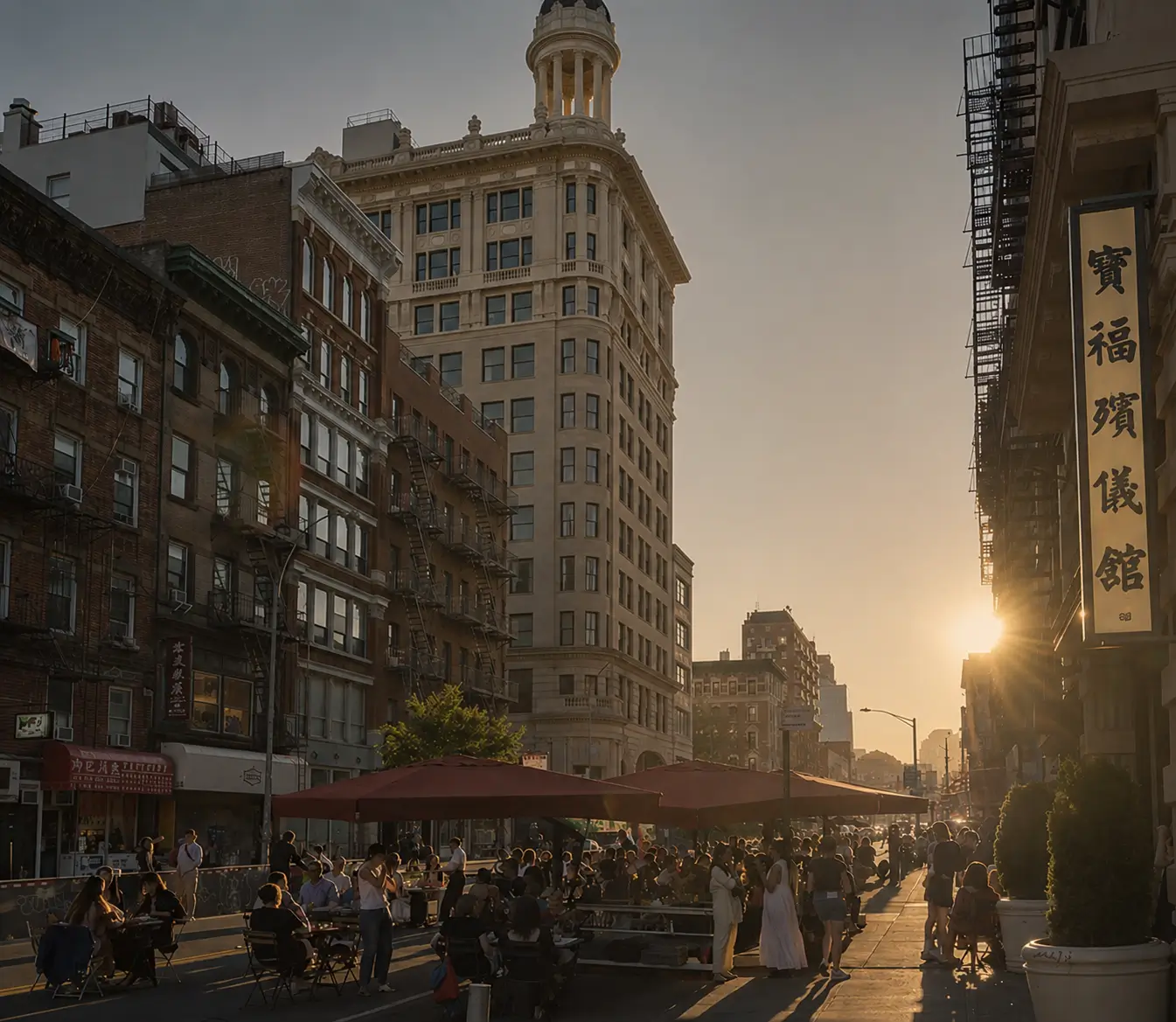Golden-hour street scene in Manhattan's Chinatown with historic buildings, outdoor dining beneath burgundy umbrellas, warm sunlight, long shadows, and a vertical Chinese sign framing the lively avenue.