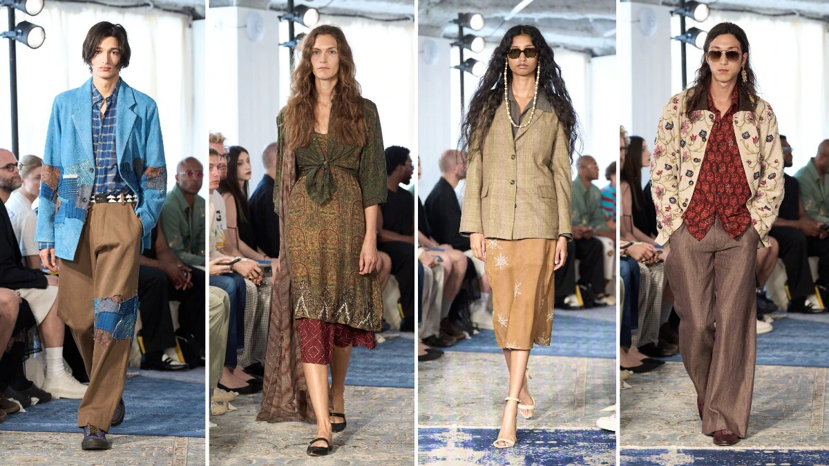 Four runway looks featuring layered tailoring, patterned textiles, relaxed trousers, dresses, and patchwork details.