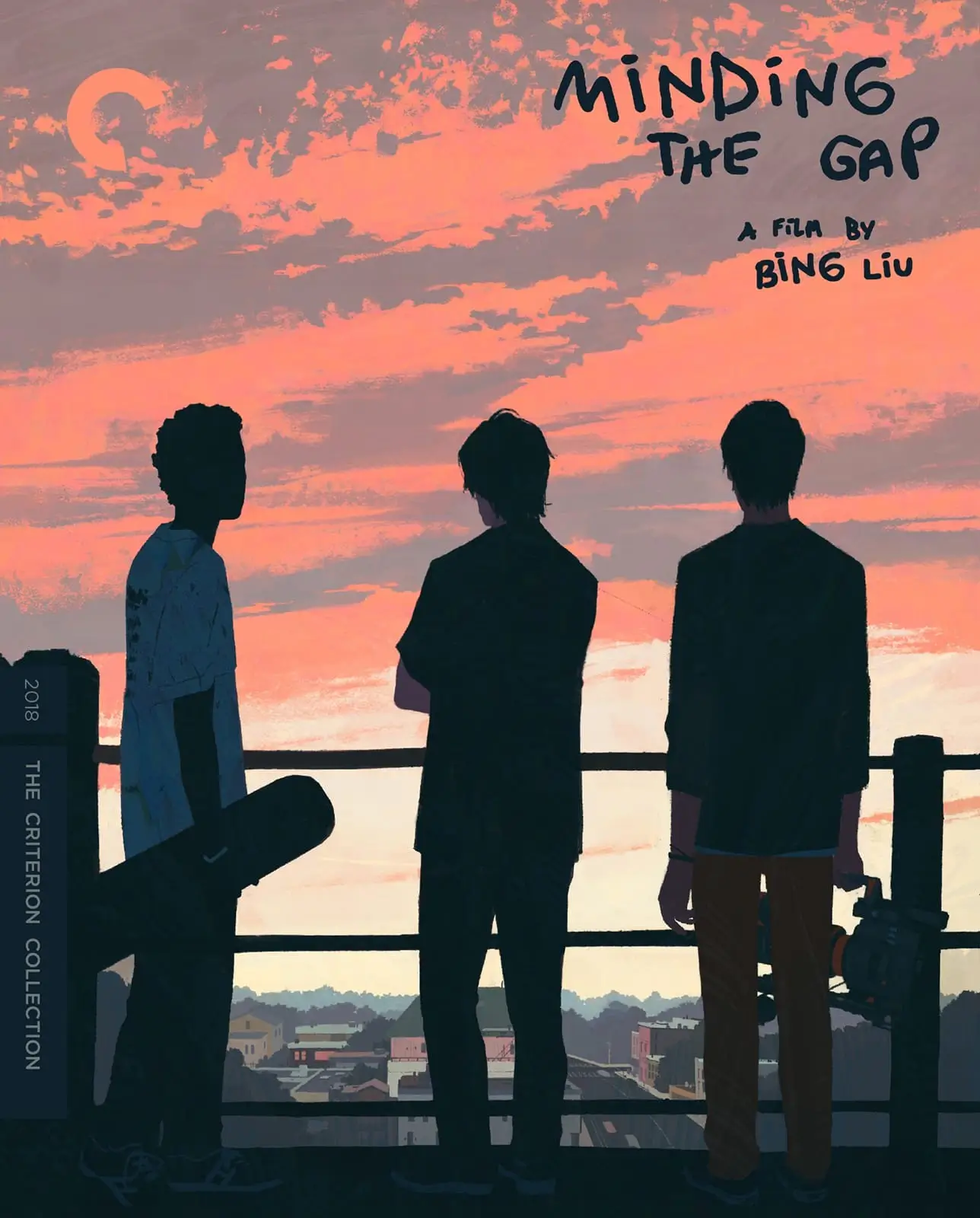 Three Young Skateboarders Overlook a City Beneath a Pink Sunset on the Minding the Gap Criterion Collection Cover.