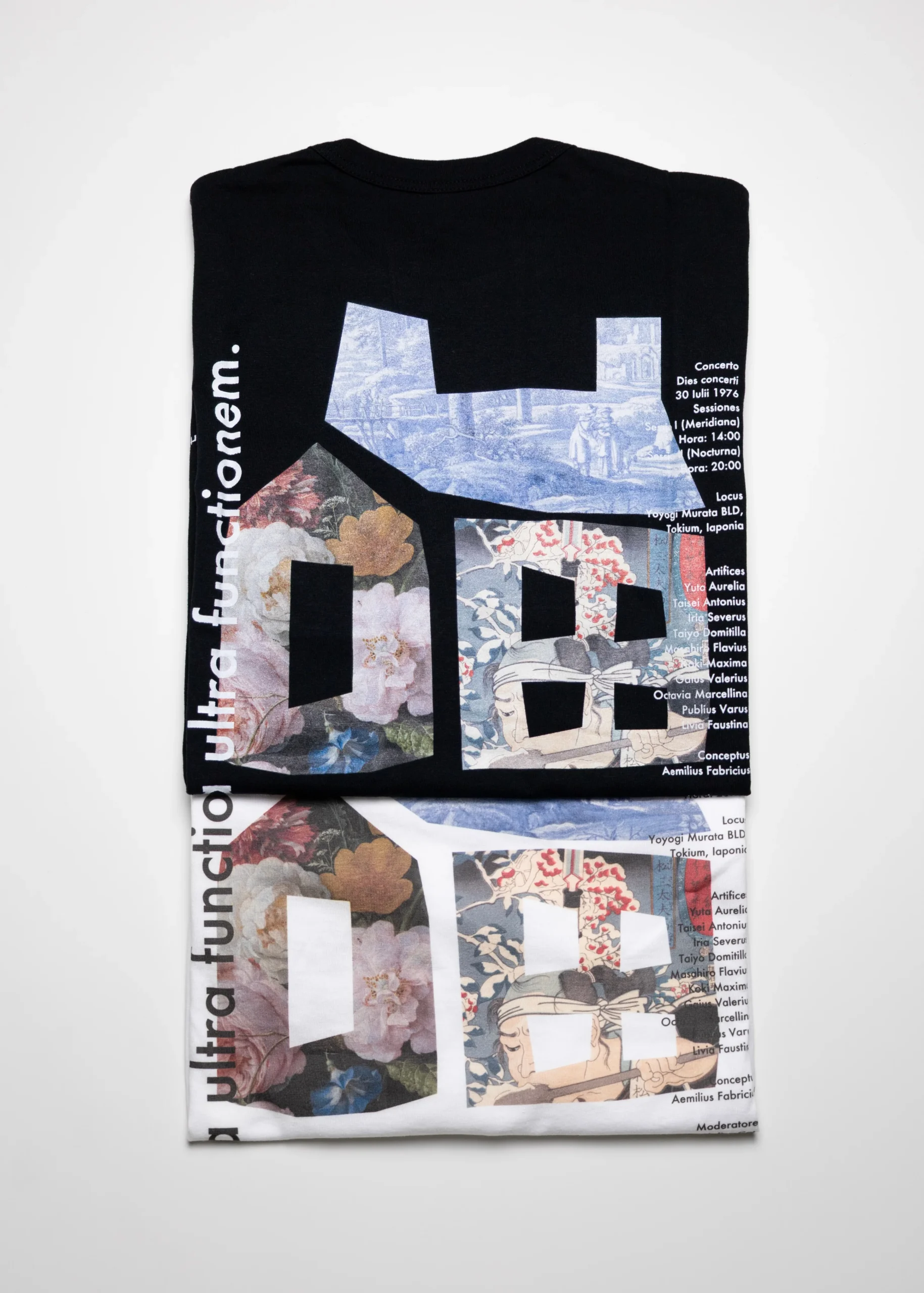 Three graphic T-shirts in navy, black, and white on light gray background.