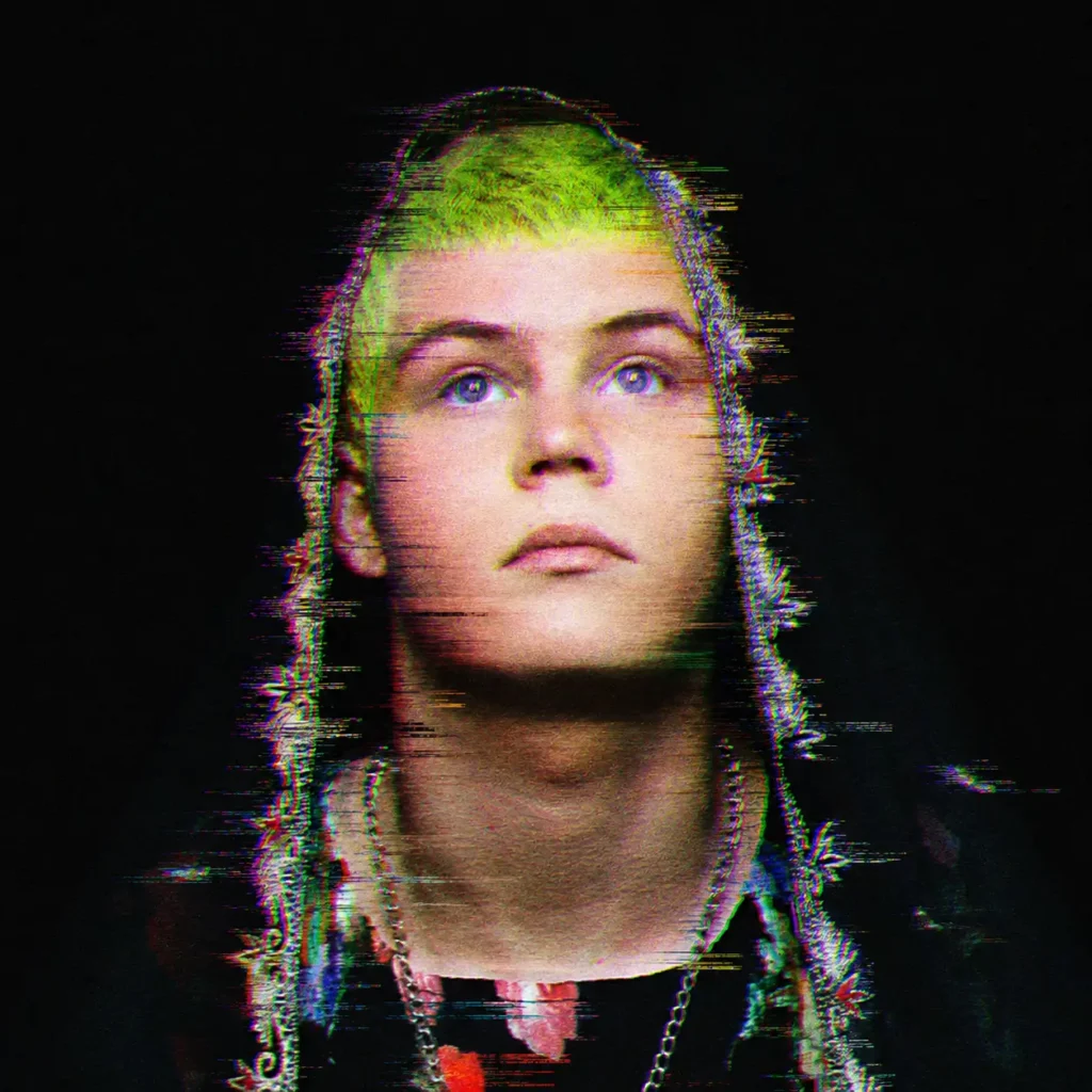 Yung Lean in distorted portrait with neon green hair, upward gaze, dark ornate hood and chain necklace against a black background, treated with heavy RGB color separation, horizontal glitch streaks, digital noise, scanlines and grain for a corrupted VHS-style effect