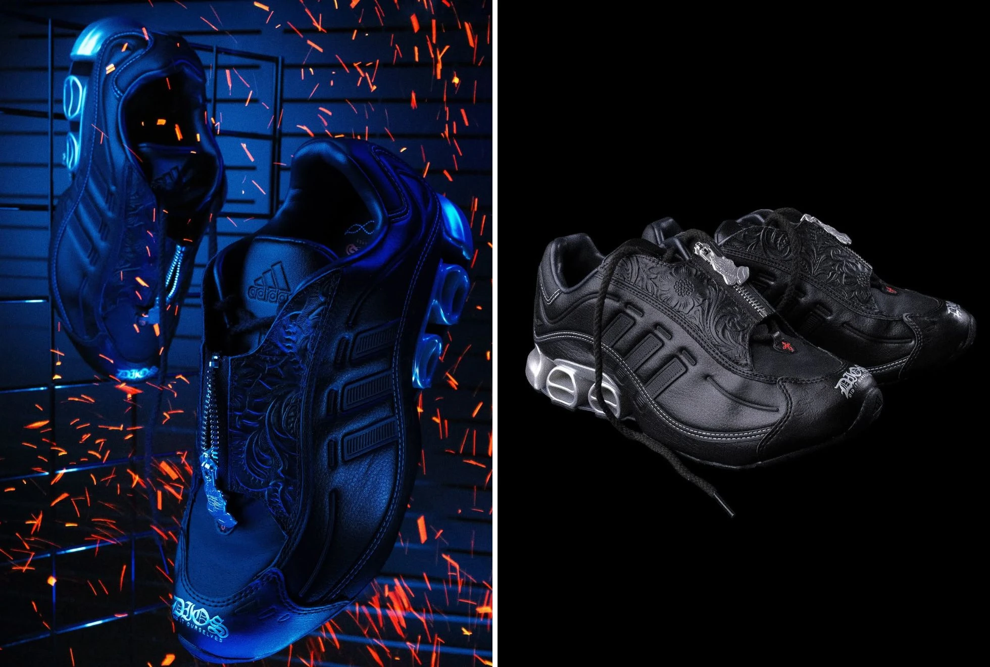 Black Adidas Shoes With Tonal Floral Embroidery, Silver Zipper Hardware, And Metallic Heel Details Displayed Against Blue Lighting And A Black Background.