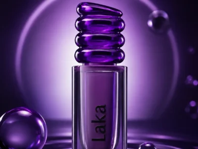 Laka lip product in a translucent purple bottle with sculptural stacked cap, surrounded by glossy violet spheres and ripple liquid under drama purple light