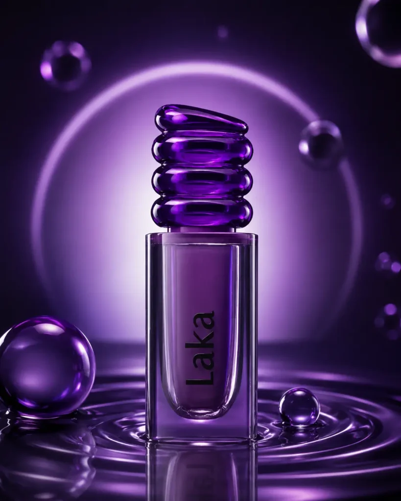 Laka lip product in a translucent purple bottle with sculptural stacked cap, surrounded by glossy violet spheres and ripple liquid under drama purple light
