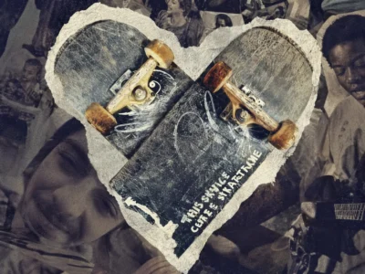 Two Worn Skateboards Arrange in a Torn Heart Shape Over a Sepia-Tone Collage of Young People