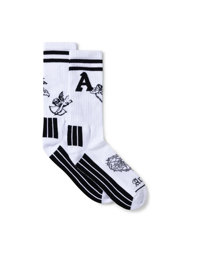 White Aries crew sock with black stripes, graphic motifs, bold letter and contrast black sole stripe