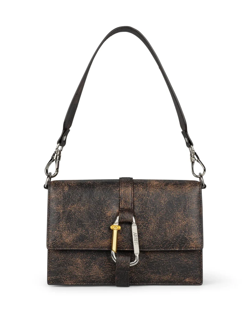 Distress dark brown Aries leather shoulder bag with silver hardware, detachable strap and gold key charm