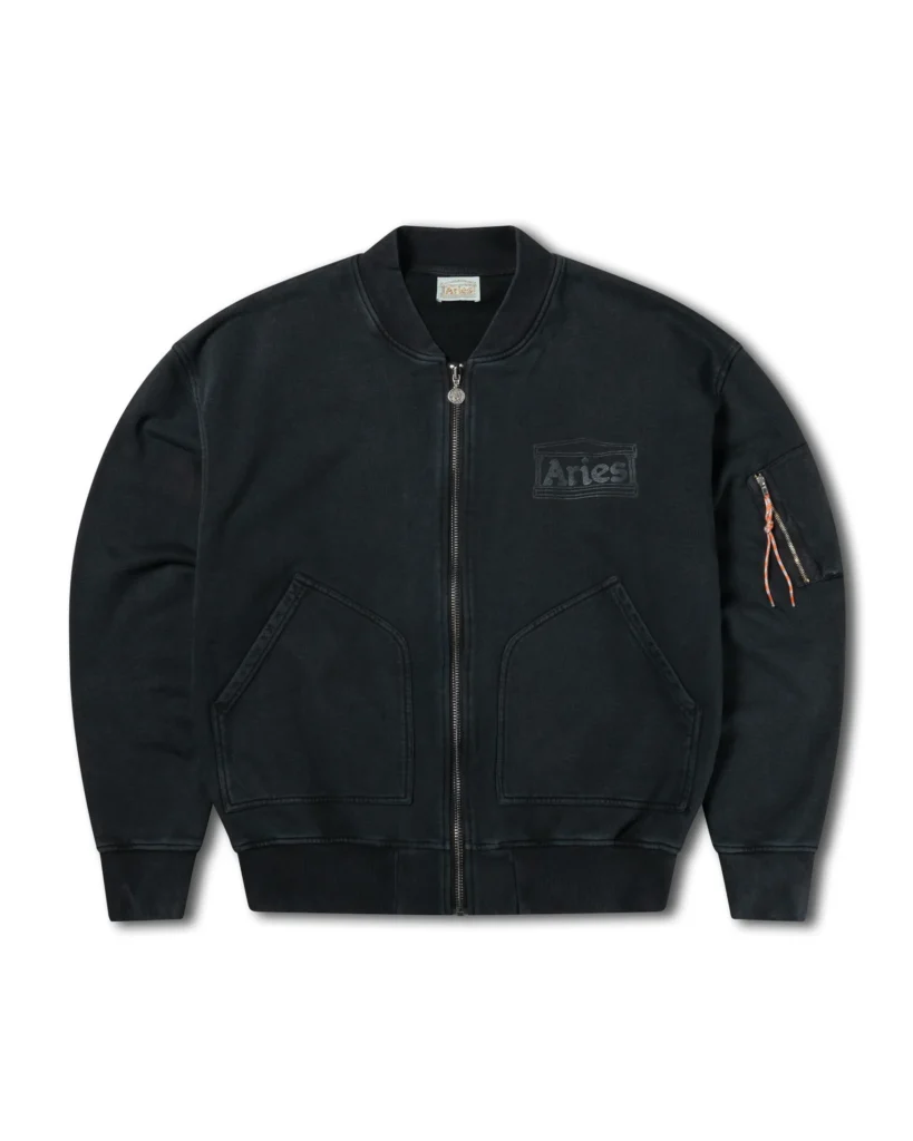 Black Aries bomber jacket with tonal temple logo, front zip closure, oversize patch pocket and utility sleeve pocket