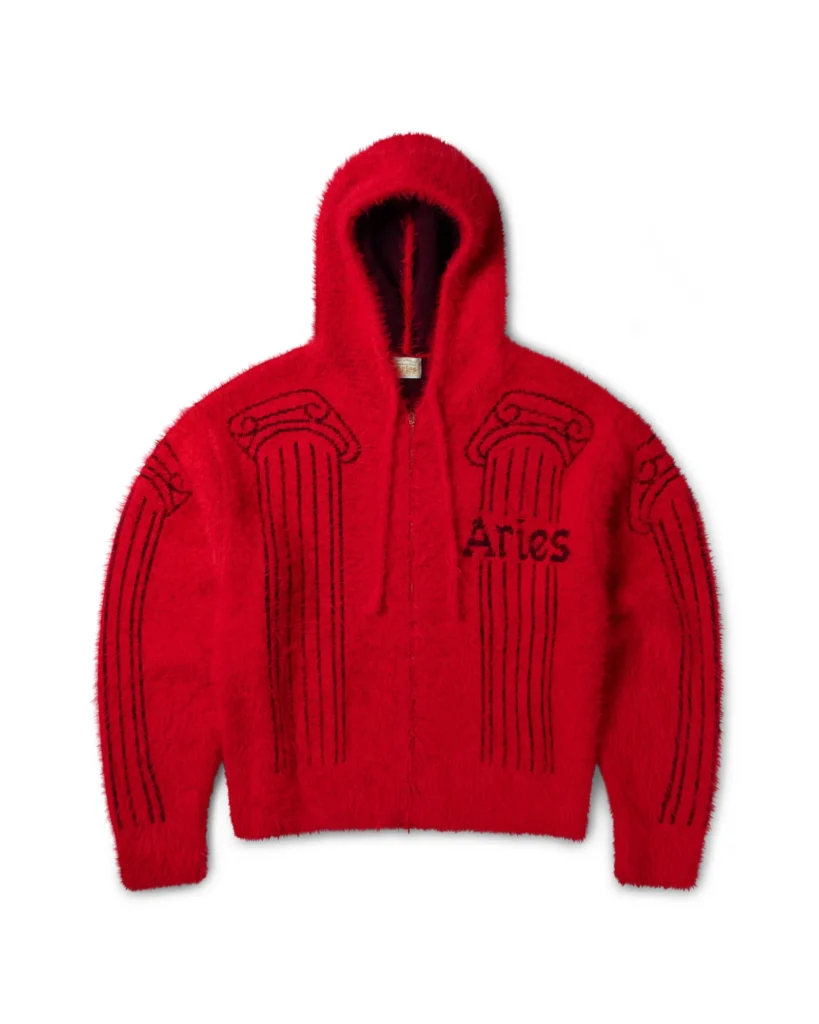 Bright red Aries fuzzy zip-up hoodie with black classical column graphics and Aries brand across the front