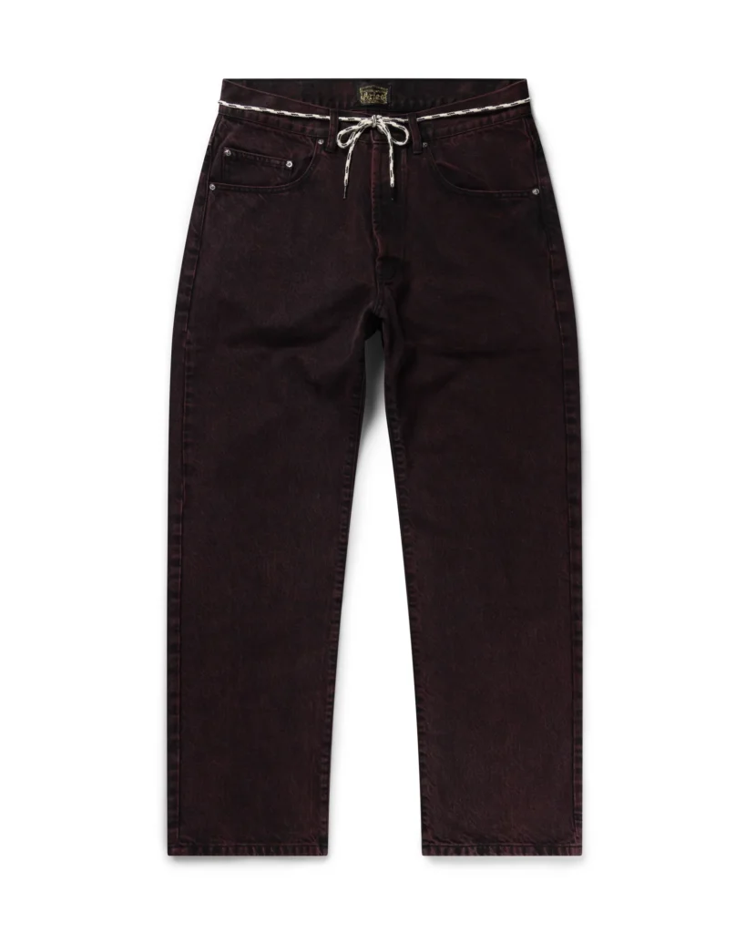 Dark burgundy acid-wash Aries jeans with straight legs, five-pocket construction and contrast drawcord at the waist