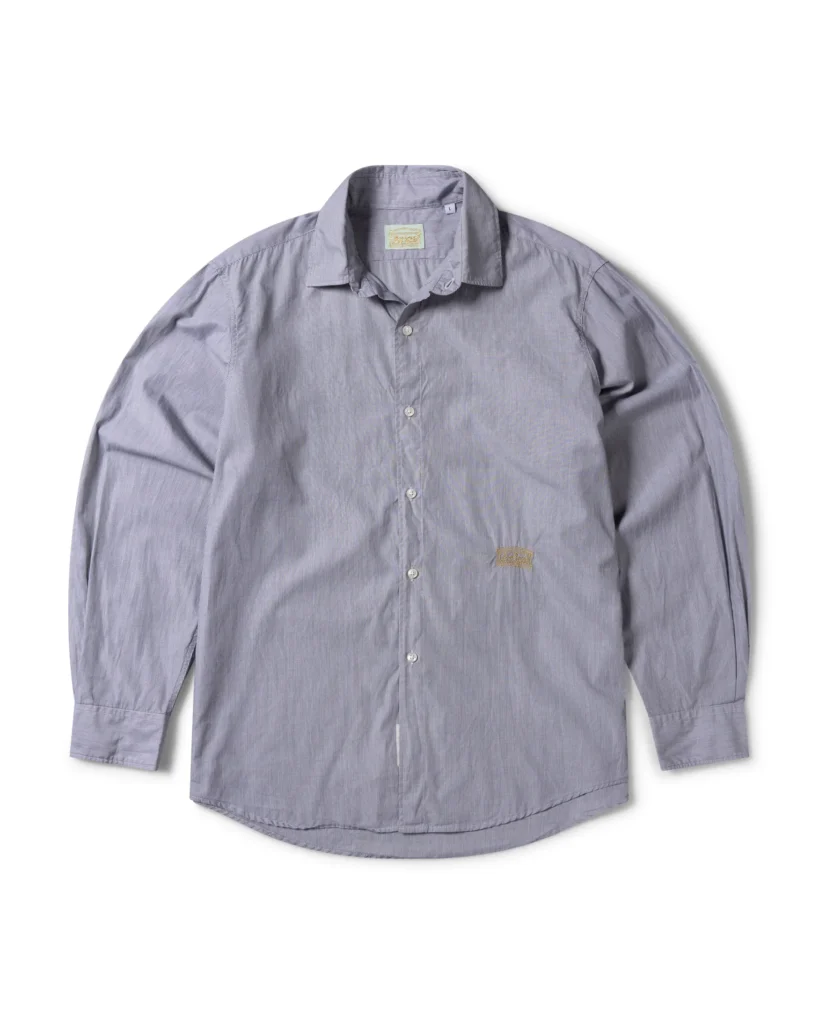 Light gray Aries long-sleeve button-up shirt with relaxed fit, pointed collar and small embroider logo near the hem
