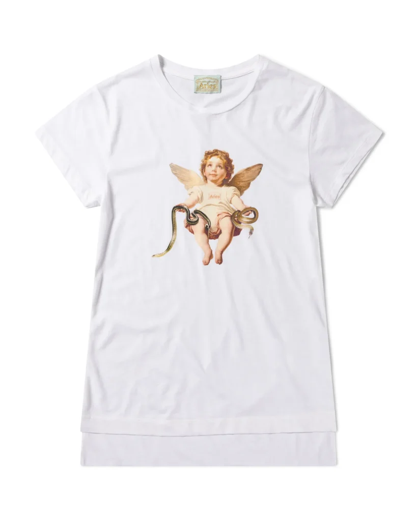 White Aries Tee feature a vintage-style winged cherub graphic hold snake