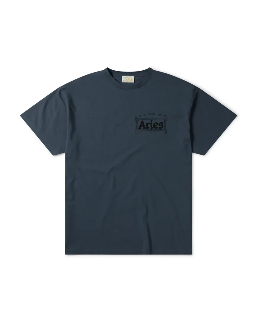 Dark navy Aries short-sleeve Tee with a subtle black temple logo printed on the chest