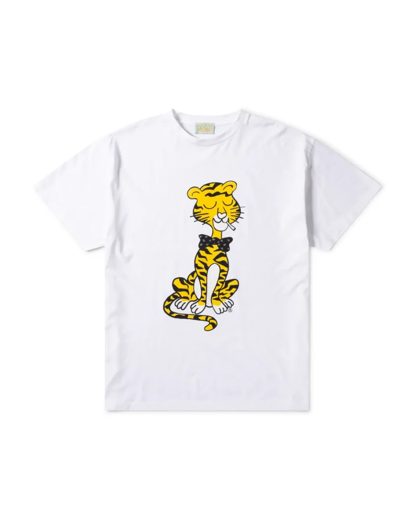 White Aries Tee feature a seated yellow tiger character wearing a black bow tie