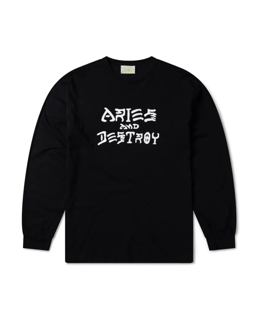 Black Aries long-sleeve with stylized white “Aries and Destroy” lettering across the chest