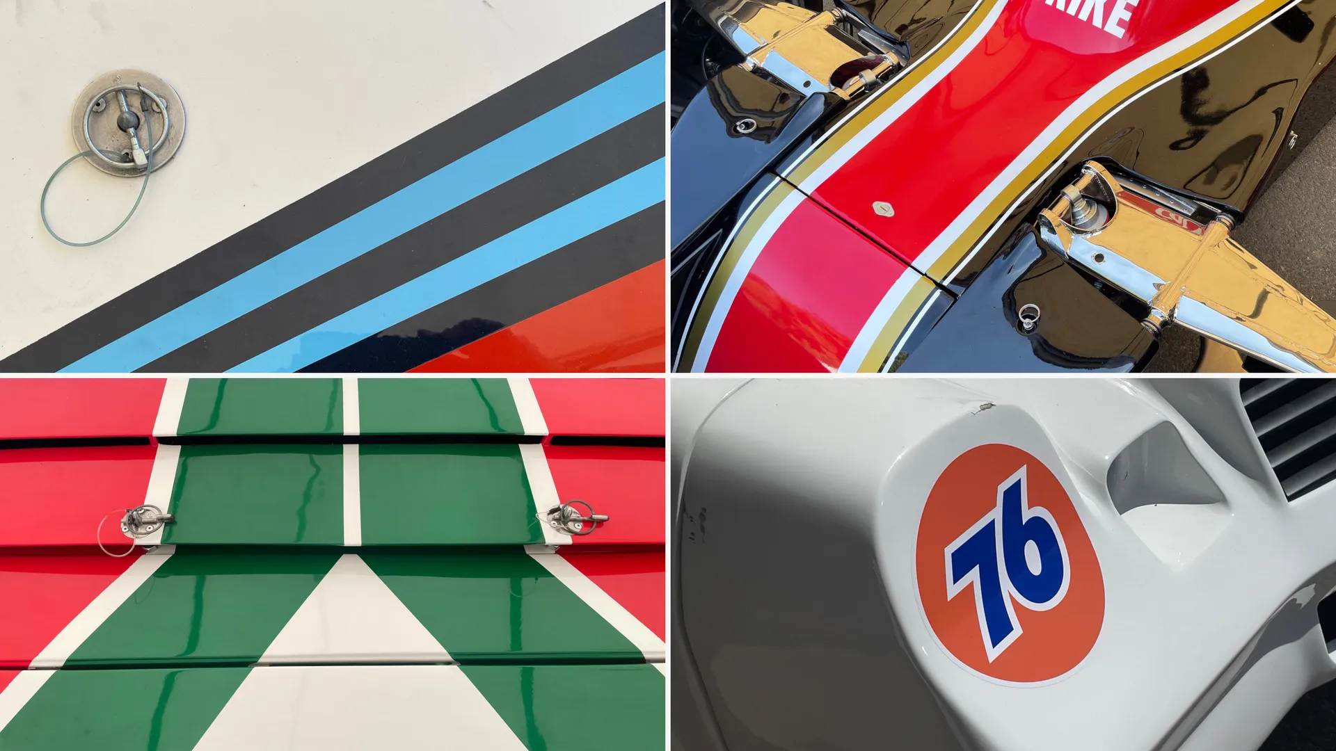 Collage Of Classic Racing Liveries Featuring Stripes, Number Graphics And 76 Branding