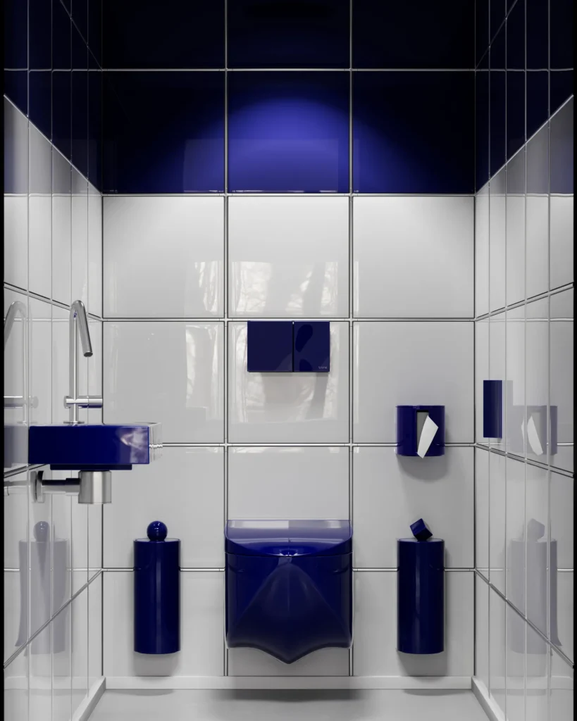 Glossy white tiled restroom featuring deep blue sanitaryware, matching wall accessories, reflective surfaces, and a minimalist contemporary design