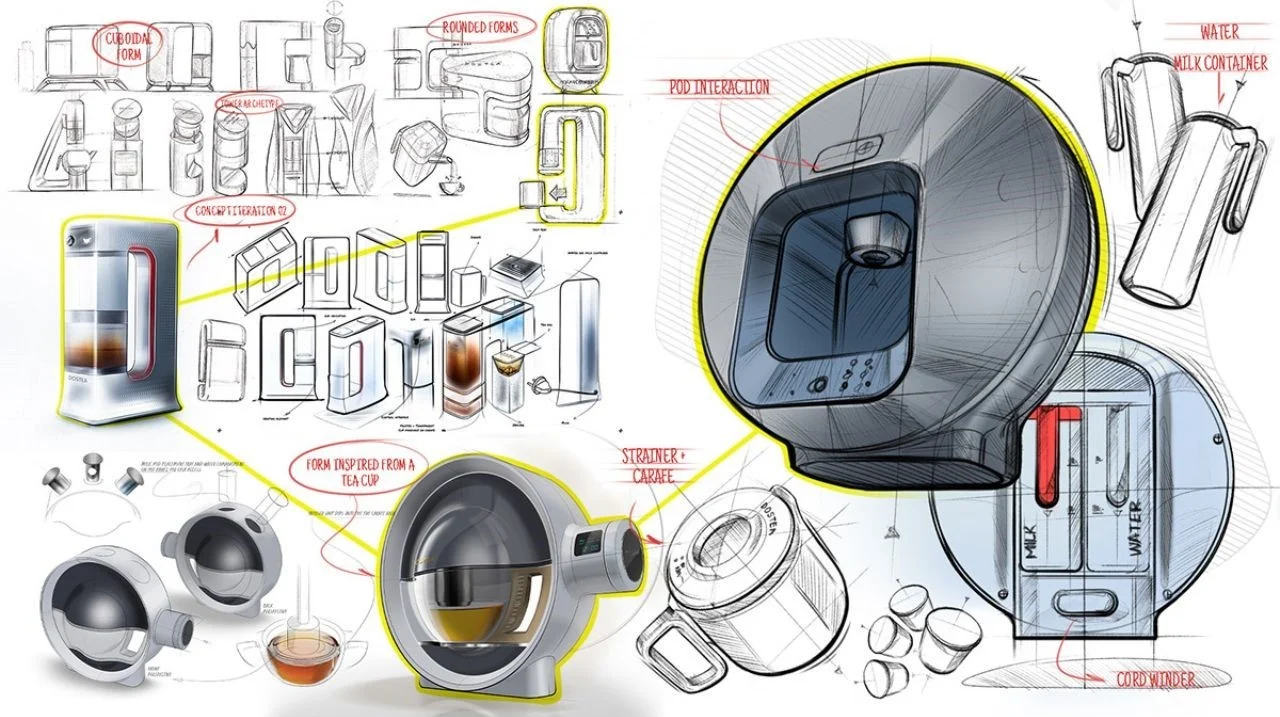 DOSTEA tea machine design board featuring concept sketches, rounded prototypes, pod interaction studies, carafe designs, and internal water and milk compartments.