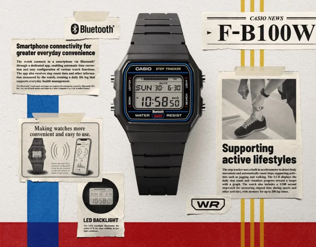 Vintage newspaper-style collage ad for the Casio F-B100W. A black Step Tracker watch sits in the center. Surround tape clipping cover Bluetooth smartphone pairing, daily step track and graph, LED backlight, water resistance (WR), and an active-lifestyle photo of someone tying run shoe