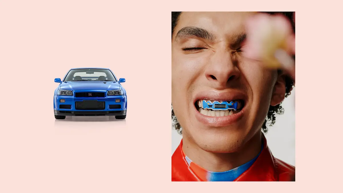 Blue Nissan Skyline GT-R R34 appears beside a model wearing a matching blue car-inspired dental grill.