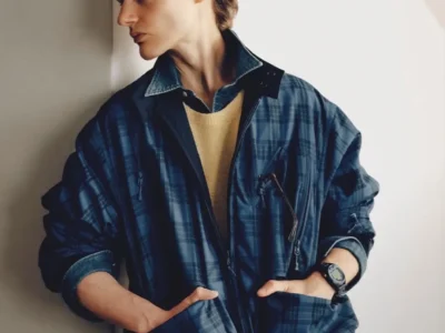Model wearing an oversize blue plaid DAIWA PIER39 jacket layered over a yellow sweater and denim shirt, with Baracuta and Beauty & Youth brand