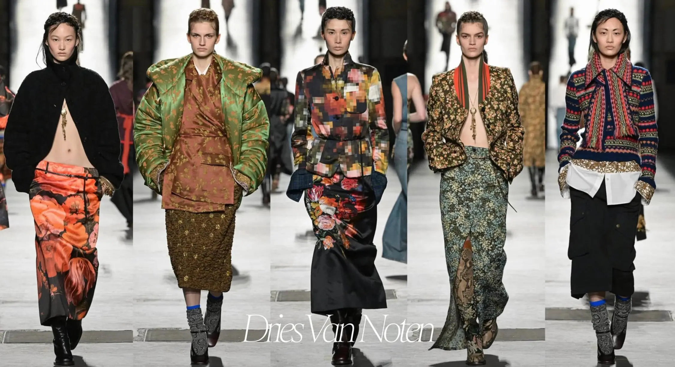 Dries Van Noten runway collage featuring five layered looks mixing oversized tailoring, floral prints, brocade textures, colorful knits and patterned skirts.