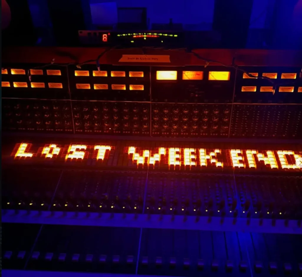 Recording Studio Mixing Console Glowing Blue And Amber With “Last Weekend” Across The Controls