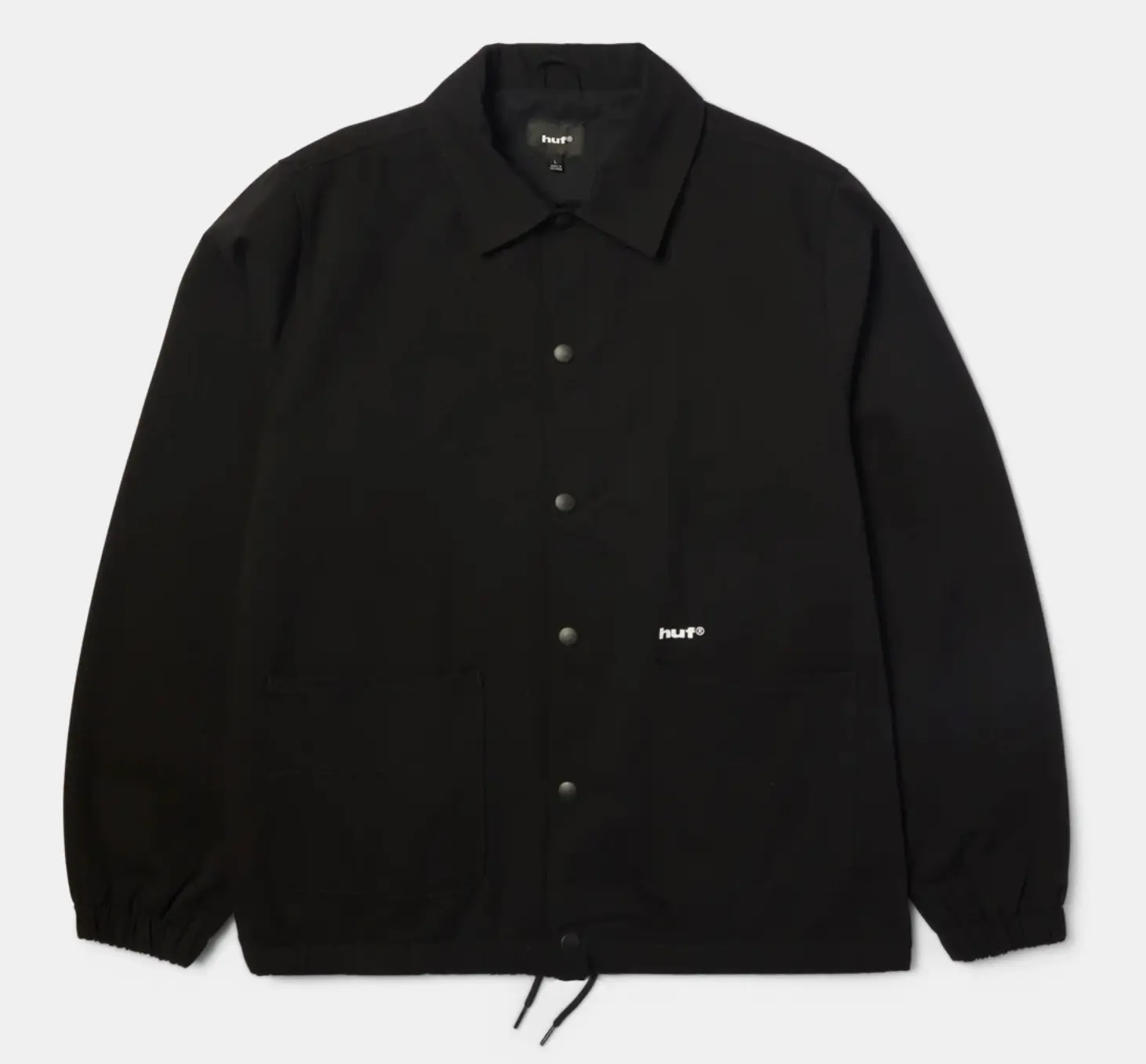 Black HUF Coaches Jacket With Snap-Button Front, Elastic Cuffs, Drawcord Hem, Front Pockets And Small White HUF Logo