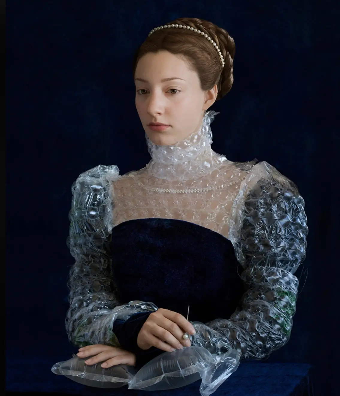Young Woman Wearing A Renaissance-Inspired Gown With Transparent Sculptural Sleeves, High Ruffled Collar, Pearl Headband And Dark Velvet Bodice Against A Deep Blue Background