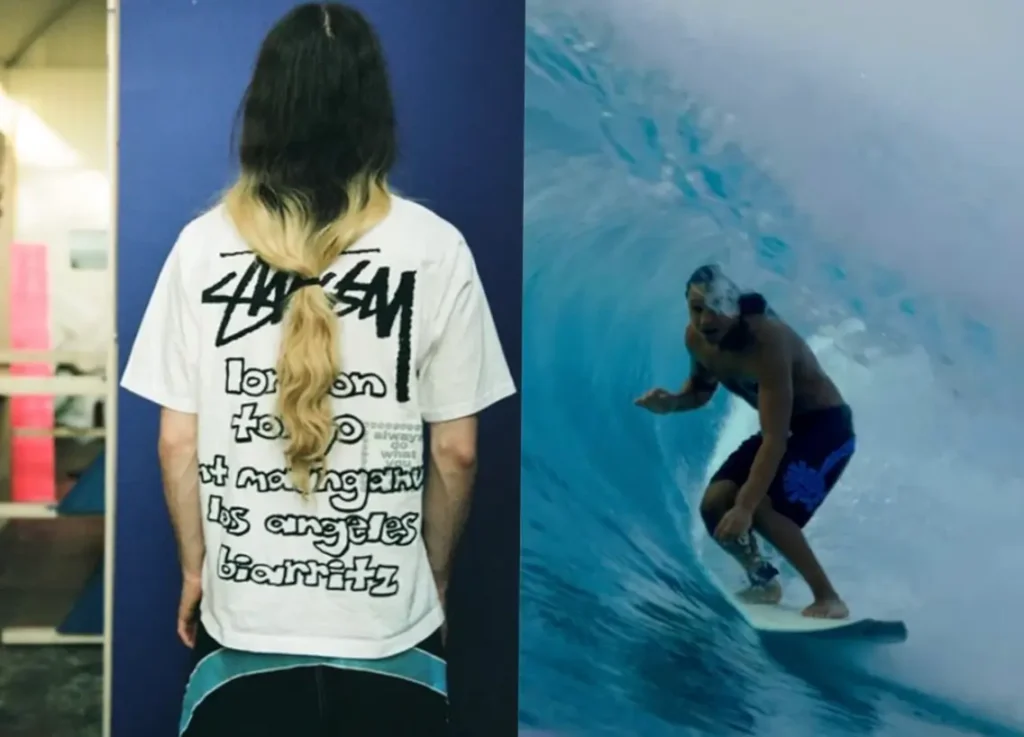 Split Image Show A Model Wear A White Stüssy Graphic Tee And A Surfer Riding Inside A Wave