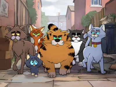 Six Cartoon Cats Walking Together Through a Residential Alley
