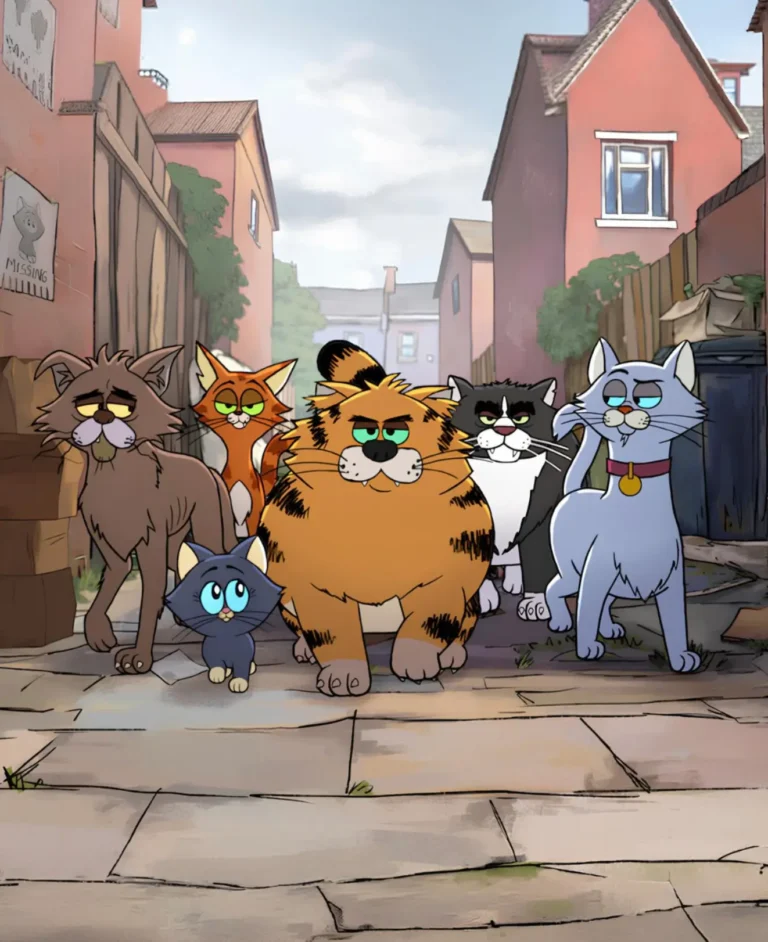 Six Cartoon Cats Walking Together Through a Residential Alley
