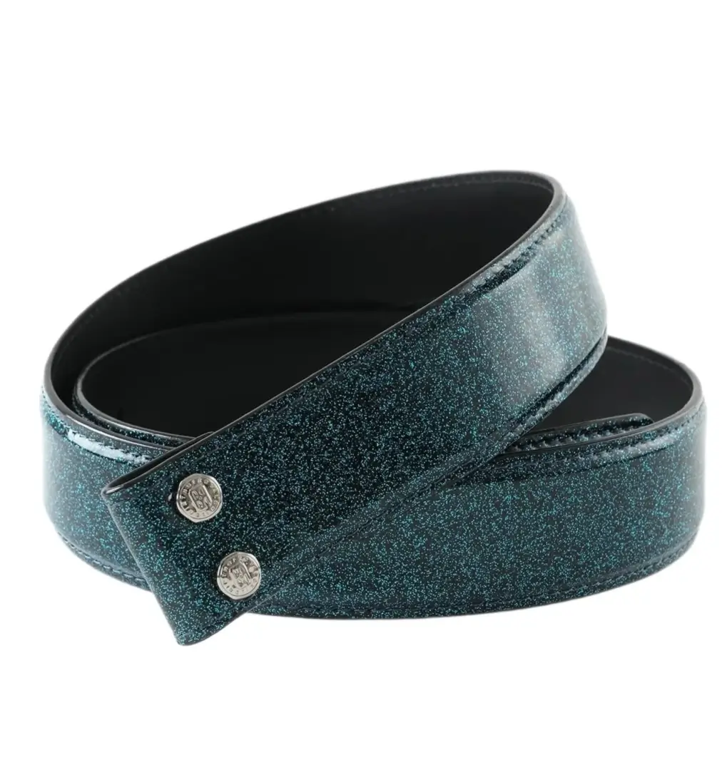 Dark teal leather wrap bracelet with a textured finish, black interior lining, and silver snap-button closure.
