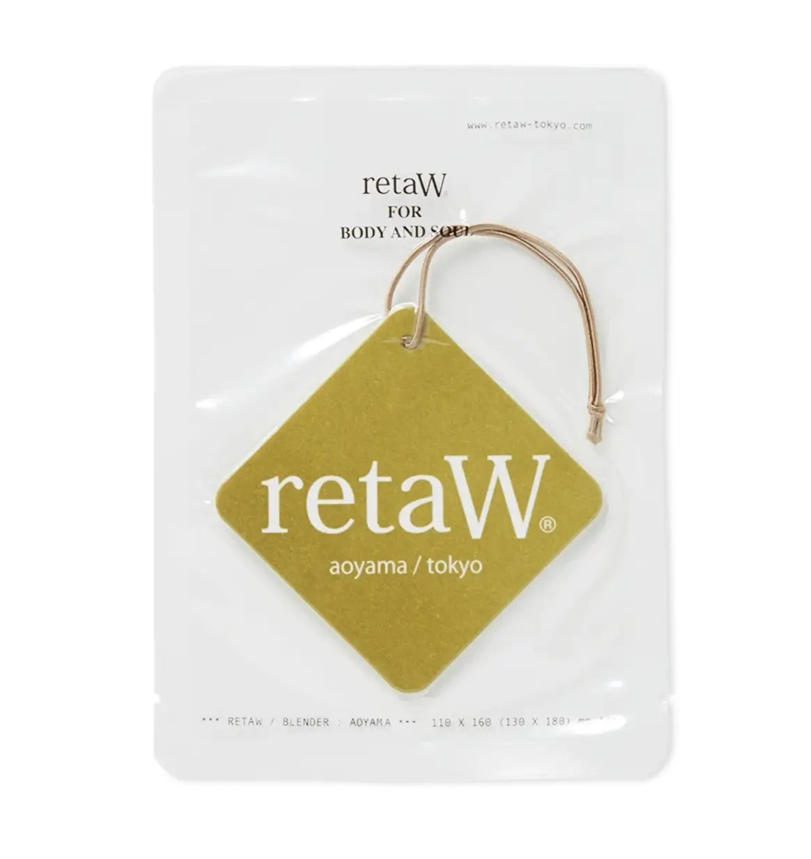 retaW fragrance tag in the Aoyama scent, featuring a gold diamond-shaped air freshener suspended on a cord inside minimalist white retail packaging.